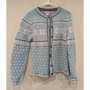 L.L. Bean Vintage Nordic 100% Lambs Wool Fair Isle Snowflake Knit Cardigan Small